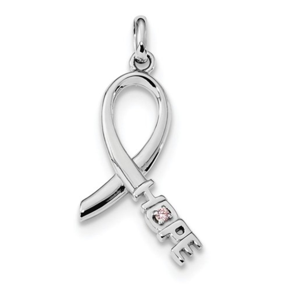 925 Sterling Silver Pink CZ Hope Cancer Awareness Ribbon Pendant
